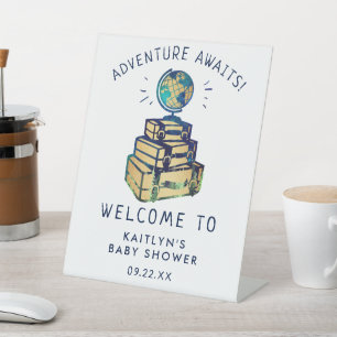 Moderne Adventure Travel Globe Baby Dusche Willkom Sockelschild