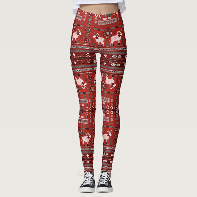 Moderne afrikanische Pattern-Leggings in Rot Leggings (Vorderseite)