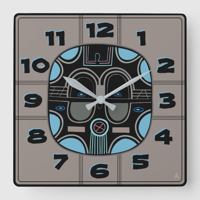 Moderne afrikanische Stammesmaske in Grau Blau Quadratische Wanduhr (Vorderseite)