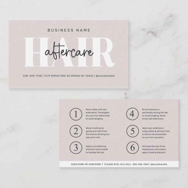 Moderne Aftercare Hair Instructions Business Card Visitenkarte (Vorne/Hinten)