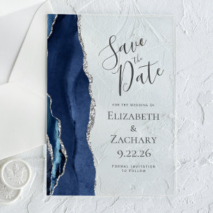 Moderne Agat Navy Blau Silber Save-the-Date-Karte Acryleinladungen