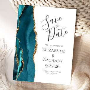 Moderne Agate Aquamarin Gold Hochzeit retten das D Ankündigungspostkarte