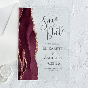 Moderne Agate Burgundy Rose Gold Save the Date Car Acryleinladungen