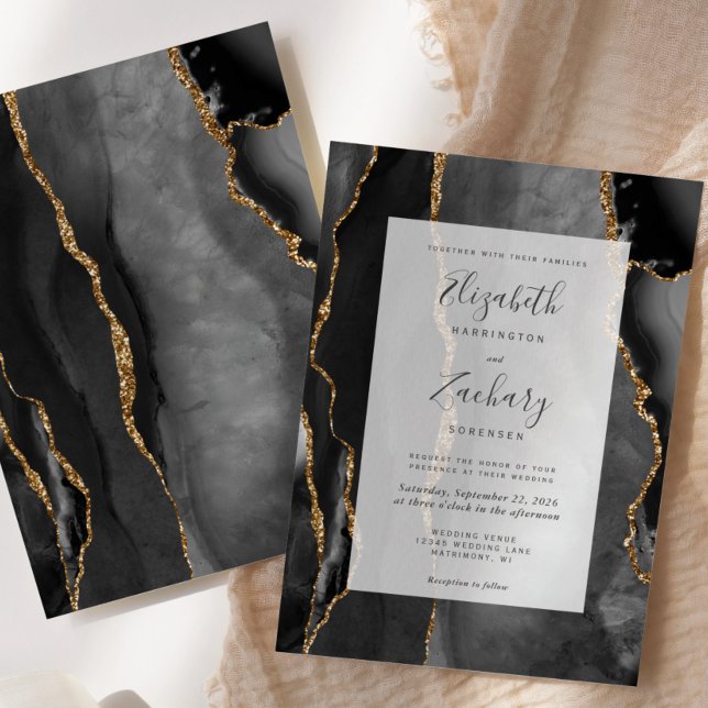 Moderne Agate Frame Black Gold Hochzeit Einladung (Von Creator hochgeladen)