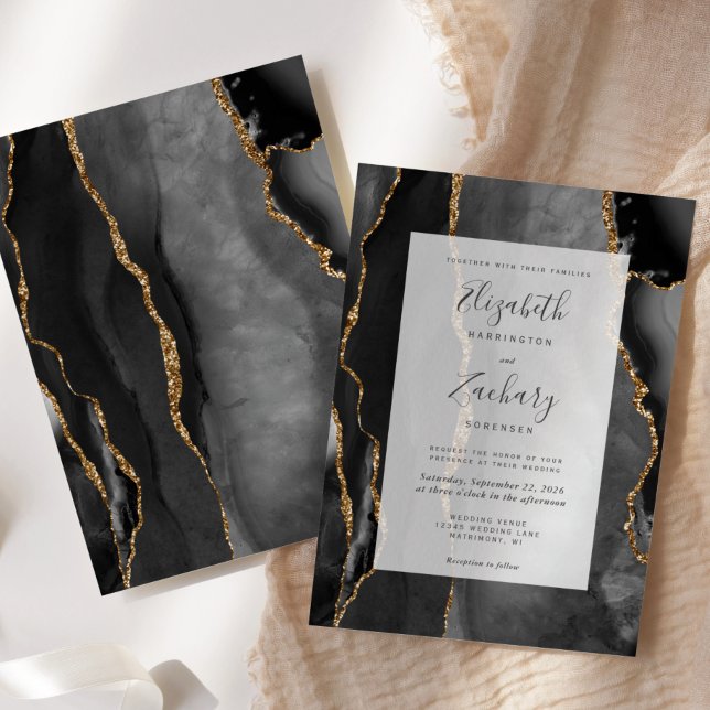 Moderne Agate Frame Black Gold Hochzeit Einladung (Von Creator hochgeladen)