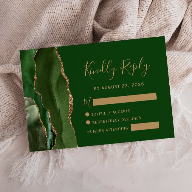 Moderne Agate Hunter Green Gold Wedding RSVP Card (Von Creator hochgeladen)