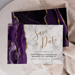 Moderne Agate Lila Gold Marble Save the Date Karte