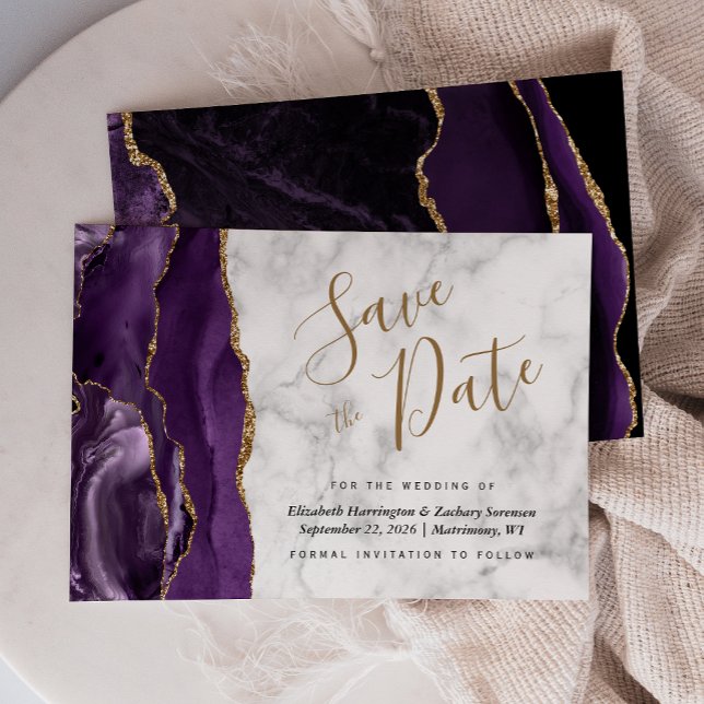 Moderne Agate Lila Gold Marble Save the Date Karte (Von Creator hochgeladen)