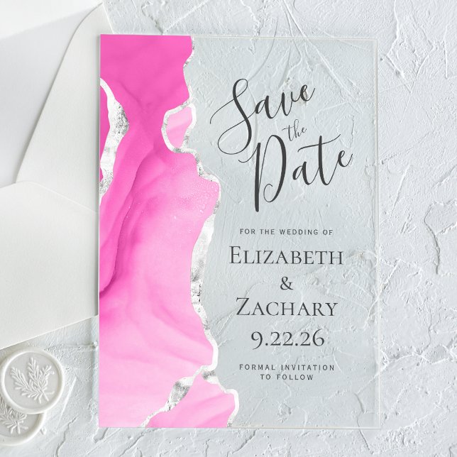Moderne Agate Pink Silver Wedding Save the Date Acryleinladungen (Von Creator hochgeladen)