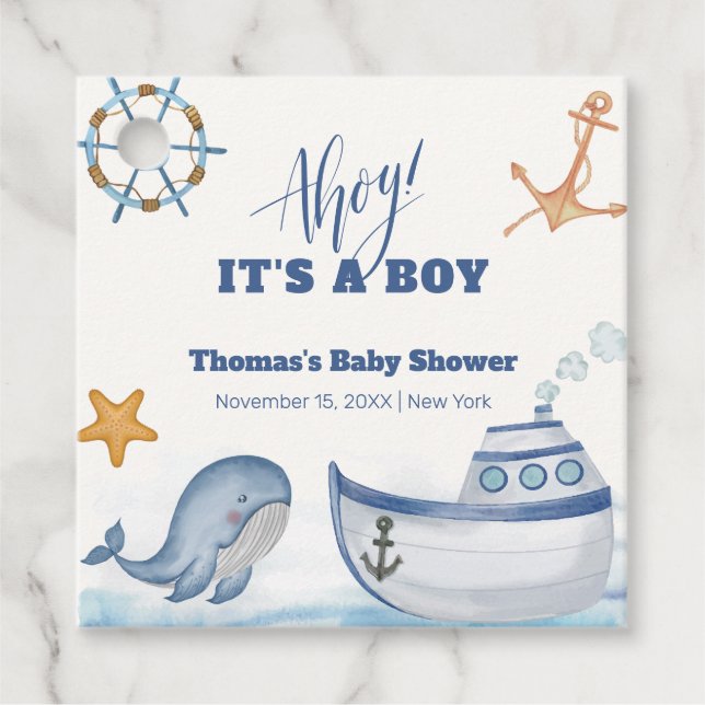 Moderne Ahoy Boy Whale Sailboat Babydusche Geschenkanhänger (Vorderseite)