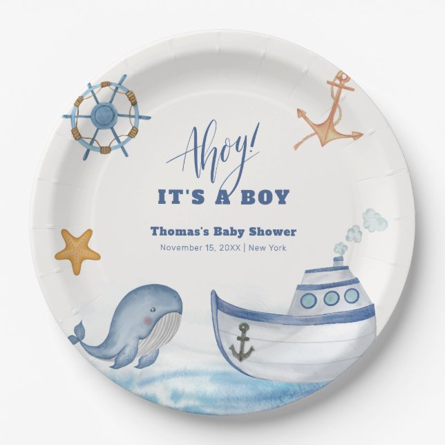 Moderne Ahoy Boy Whale Sailboat Babydusche Pappteller (Vorderseite)