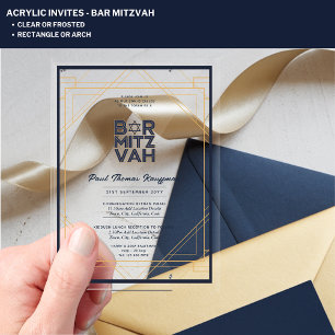 Moderne akryllische BAR MITZVAH Navy Gold Klar Acryleinladungen