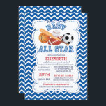 Moderne All Star Sports Boys Kinderdusche Einladung<br><div class="desc">Moderne und helle Baby-Dusche mit niedlichem Baseball, Fußball, Fußball, Baseballball und Baseballschläger. Unser "It's a baby boy all star welcome is Set on a blue & white Zickzack zigzag background und hat einen passenden Rücken für eine besondere Touch. Ideal für eine kleine Babydusche, die sich mit dem Thema "All-Star-Slugger-Sport" beschäftigt...</div>