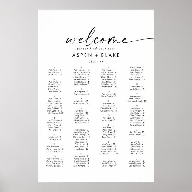 Moderne alphabetische Sitztabelle Poster (Vorne)