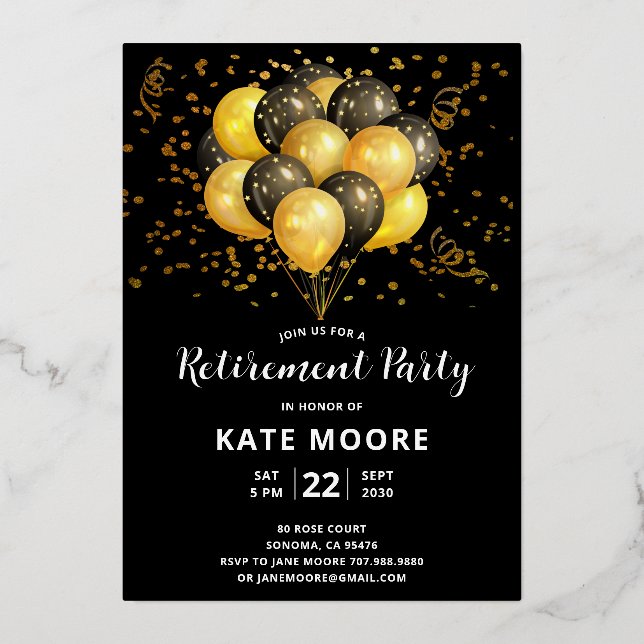 Moderne Altersvorsorge Gold Black Balloons Folieneinladung (Vorderseite)