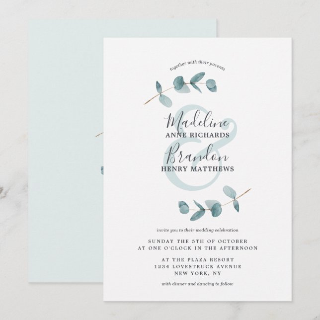 Moderne Ampersand-Eukalyptus-Schriftzeichen Hochze Einladung (Vorne/Hinten)