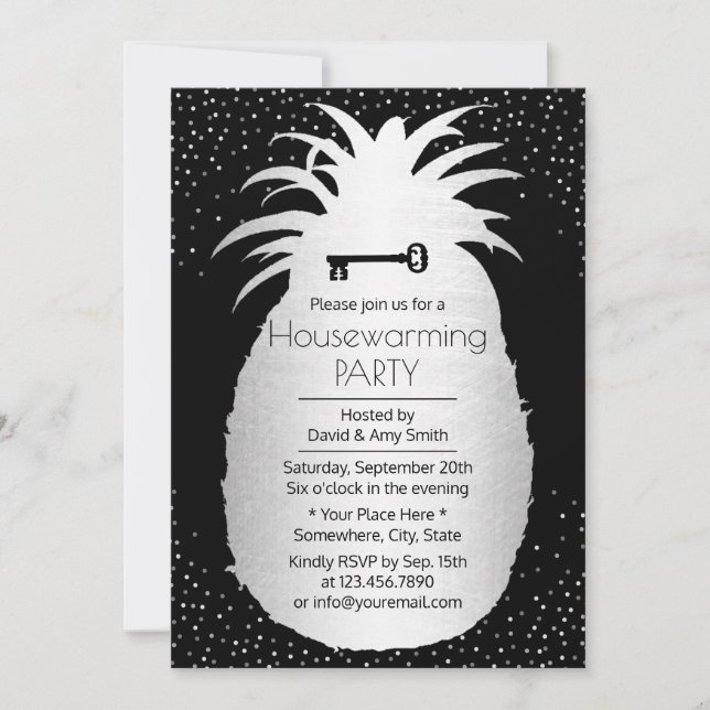 Moderne Ananas Silver Confetti Dots Housewarming Einladung (Vorderseite)