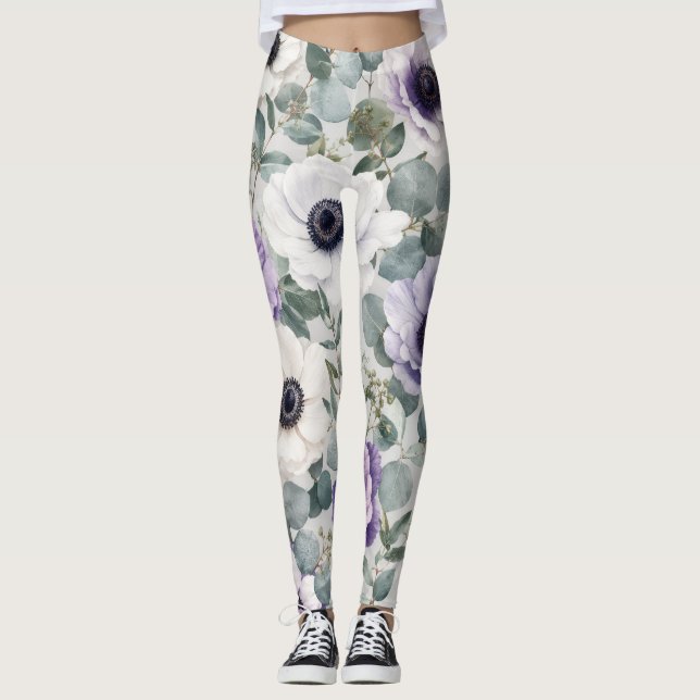 Moderne Anemone- und Eukalyptus-Gestaltung Leggings (Vorderseite)