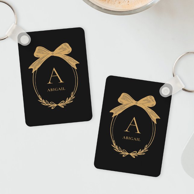 Moderne Anfangsbuchstaben Schwarz und Gold Chic Sc Schlüsselanhänger (Modern Initial Black and Gold Chic Bow Monogram Keychain)