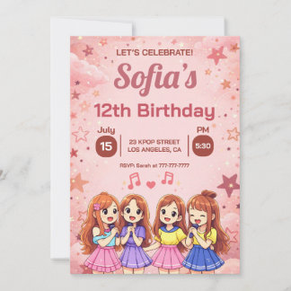 Moderne Anime Mädchen Truppe Lila Geburtstag Einladung