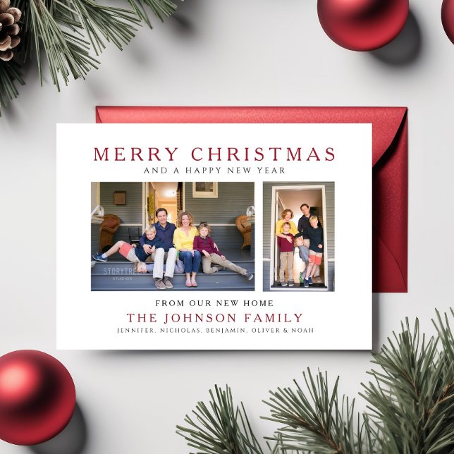 Moderne Ankündigung 2 Fotos Urlaubsstimmung Postkarte (Modern 2 Photos Holiday Moving Announcement Postcard)