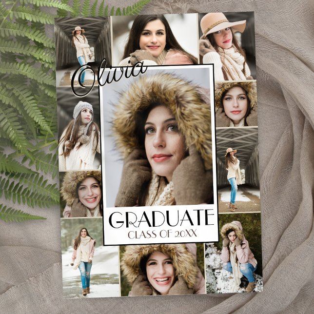 Moderne Ankündigung des 11. Abschlusses (modern elegant trendy senior photo collage graduation announcement invitations with script)