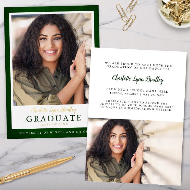 Moderne Ankündigung des eleganten Green-Gold-Absch (Elegant green and gold graduation announcement with space for 2 photos)