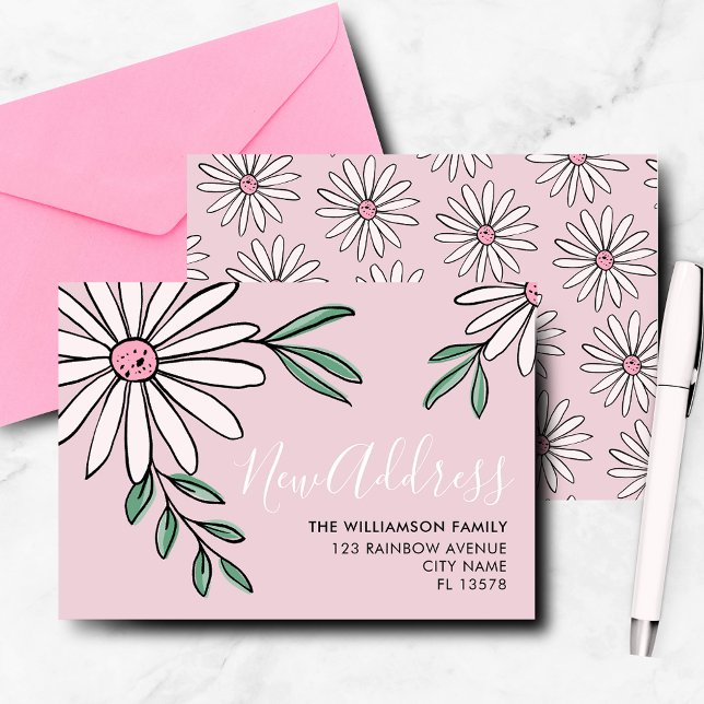 Moderne Ankündigung floral Daisy (Modern botanical. floral daisy leaf, pink new address, moving announcement notecard. )