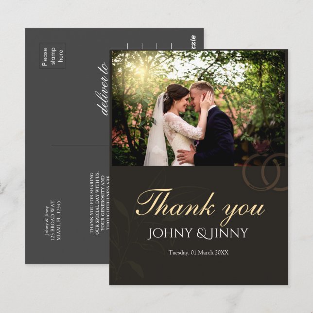 Moderne, anpassbare schwarze Hochzeit  Postkarte (Vorne/Hinten)