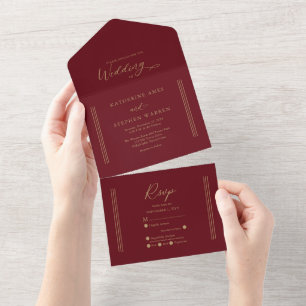 Moderne Antike Gold   Dunkelrote Minimalistische H All In One Einladung