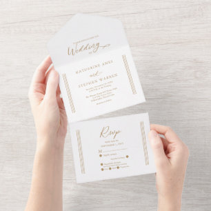 Moderne Antike Gold   Weiße Minimalistische Hochze All In One Einladung