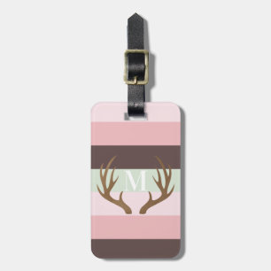 Moderne Antler Rosa Grünbraun Streifen Monogramm Gepäckanhänger