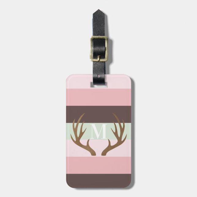 Moderne Antler Rosa Grünbraun Streifen Monogramm Gepäckanhänger (Vorderseite vertikal)