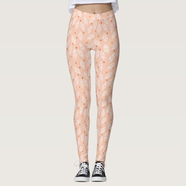 Moderne Apricot-Rosa Blätter Muster Leggings (Vorderseite)