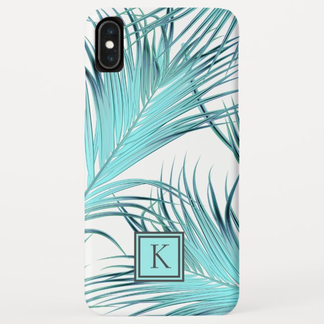 Moderne Aqua Blue Palm Fronten mit Monogram Case-Mate iPhone Hülle (Rückseite)