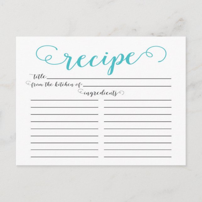 Moderne Aqua Blue Script Brautparty Rezept Karten (Vorderseite)