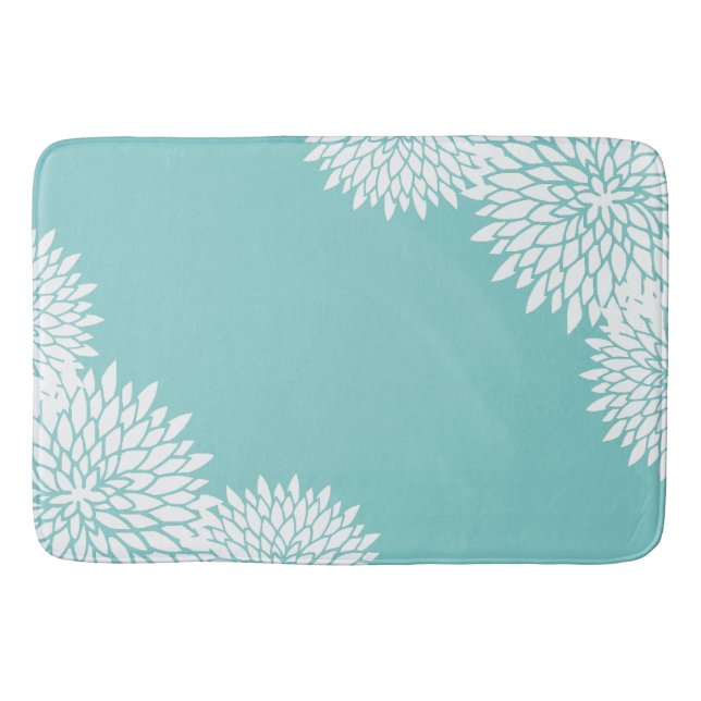 Moderne Aqua Blue und White Floral Bath Mat Badematte (Vorderseite)