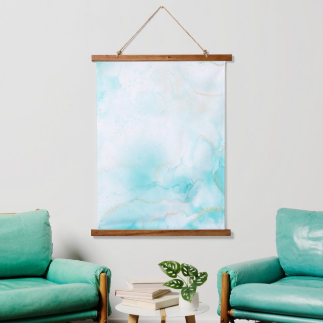 Moderne Aqua Gold Alkohol Am Meer Wandteppich Mit Holzrahmen (Wohnzimmer)