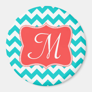 Moderne Aqua-Korallen-Chevron-Monogramm-Magnet Magnet