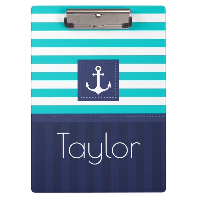 Moderne Aqua Navy Stripes Anker Personalisiert Klemmbrett (Vorderseite)