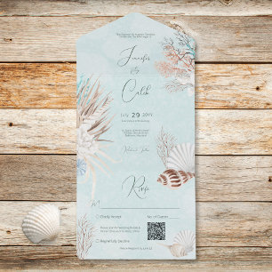 Moderne Aqua-Ozean-Muscheln QR-Code Hochzeit All In One Einladung