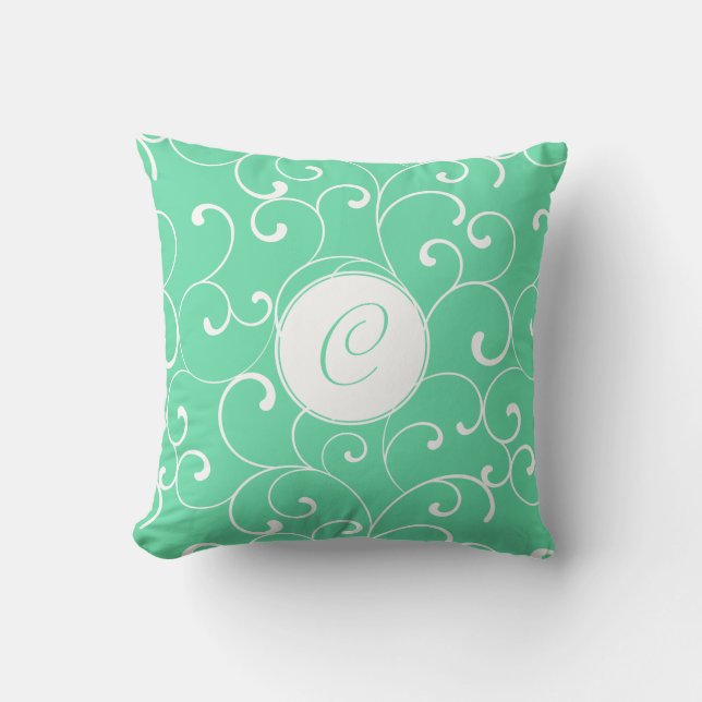 Moderne Aqua Whimsical Curles mit Monogram Kissen (Vorderseite)
