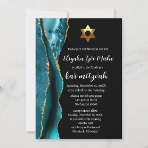 Moderne Aquamarin Blue Black and Gold Bar Mitzvah Einladung