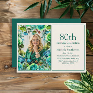 Moderne Aquamarin Blue Green Blume 80. Geburtstag  Einladung