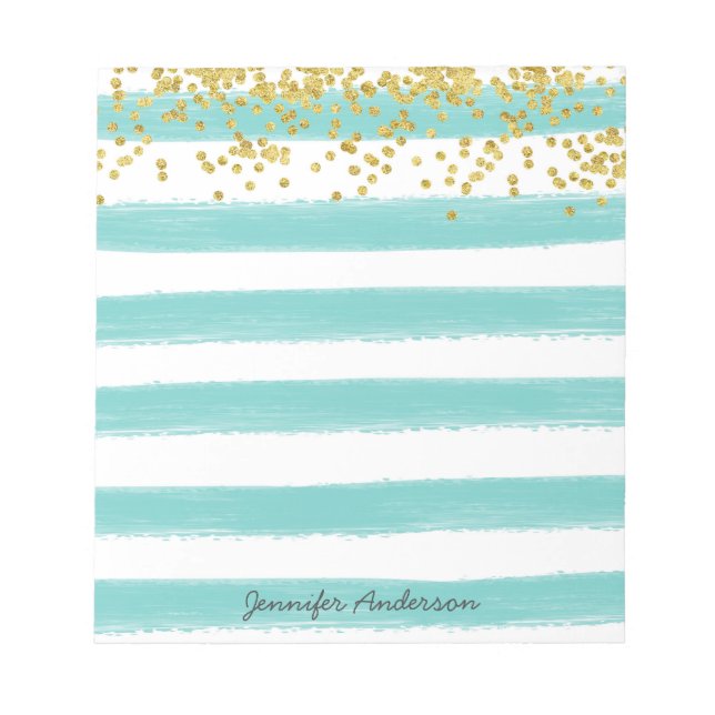 Moderne Aquamarin Strip Gold Confetti personalisie Notizblock (Vorderseite)