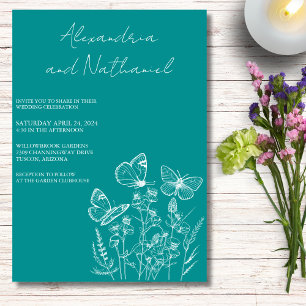 Moderne Aquamarin- & White-Butterfly-Hochzeit Einladung