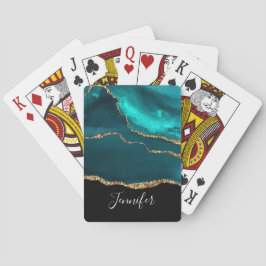 Moderne Aquamarine Agate & Gold Ribbon auf Black Spielkarten