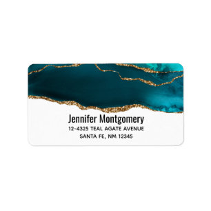 Moderne Aquamarine Agate & Gold Ribbon auf Weiß Adressaufkleber