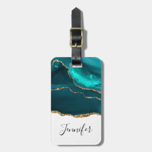 Moderne Aquamarine Agate & Gold Ribbon auf Weiß Gepäckanhänger