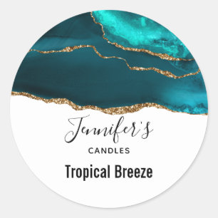 Moderne Aquamarine Agate & Gold Ribbon Candle Runder Aufkleber